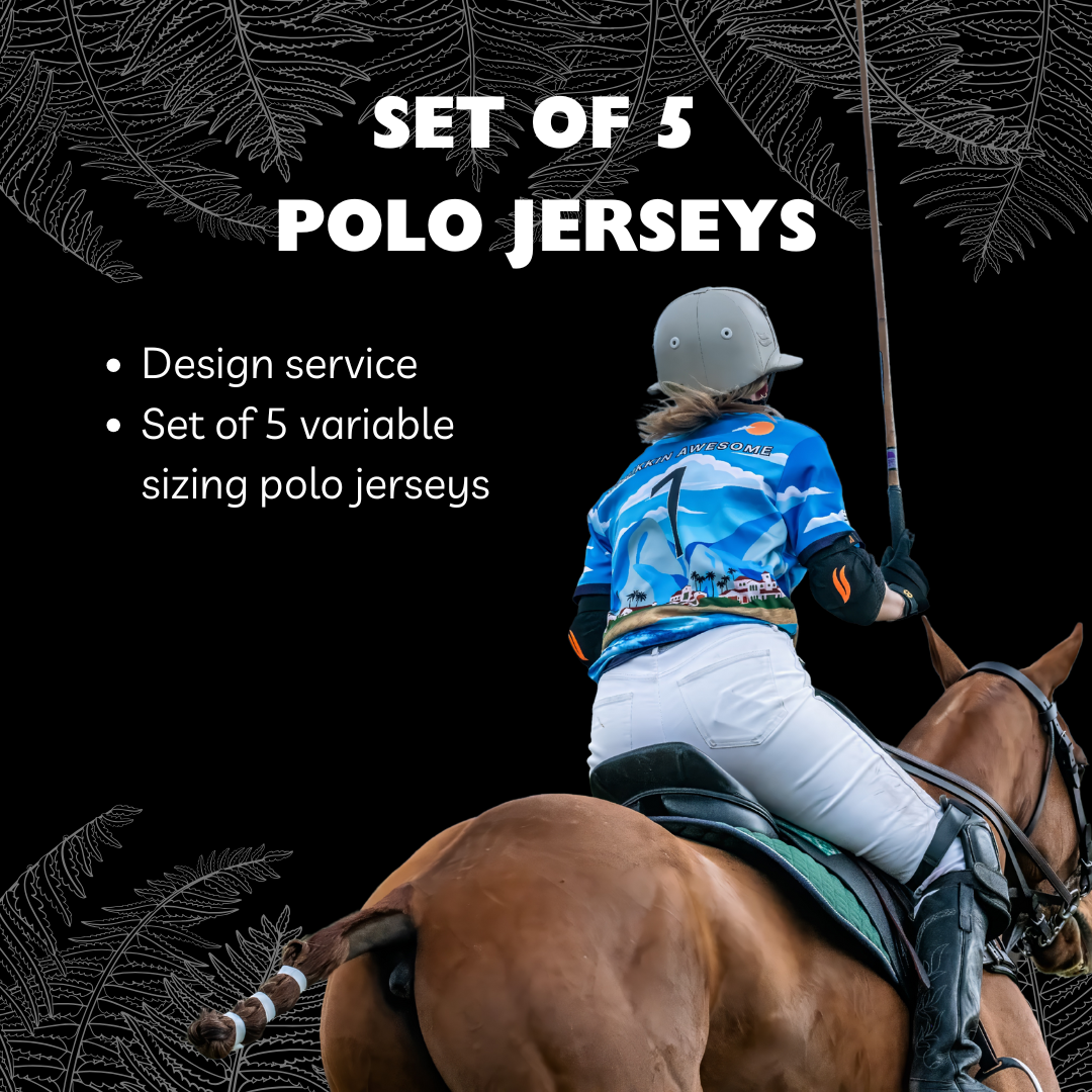 Person on horseback wearing a polo jersey with text about a set of 5 polo jerseys.