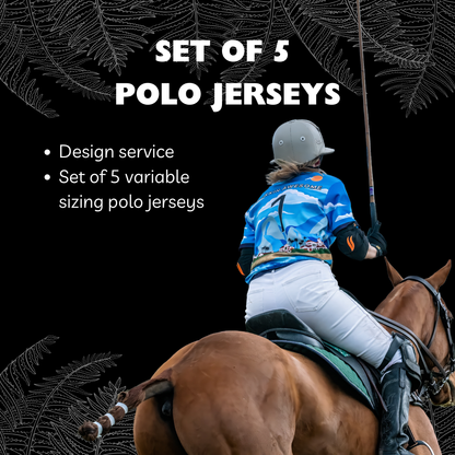Person on horseback wearing a polo jersey with text about a set of 5 polo jerseys.