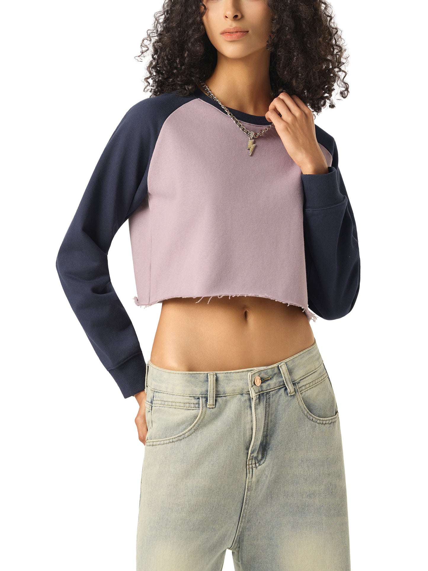Year of the Unicorn Raw-Hem Color-Block Raglan Crop Sweatshirt